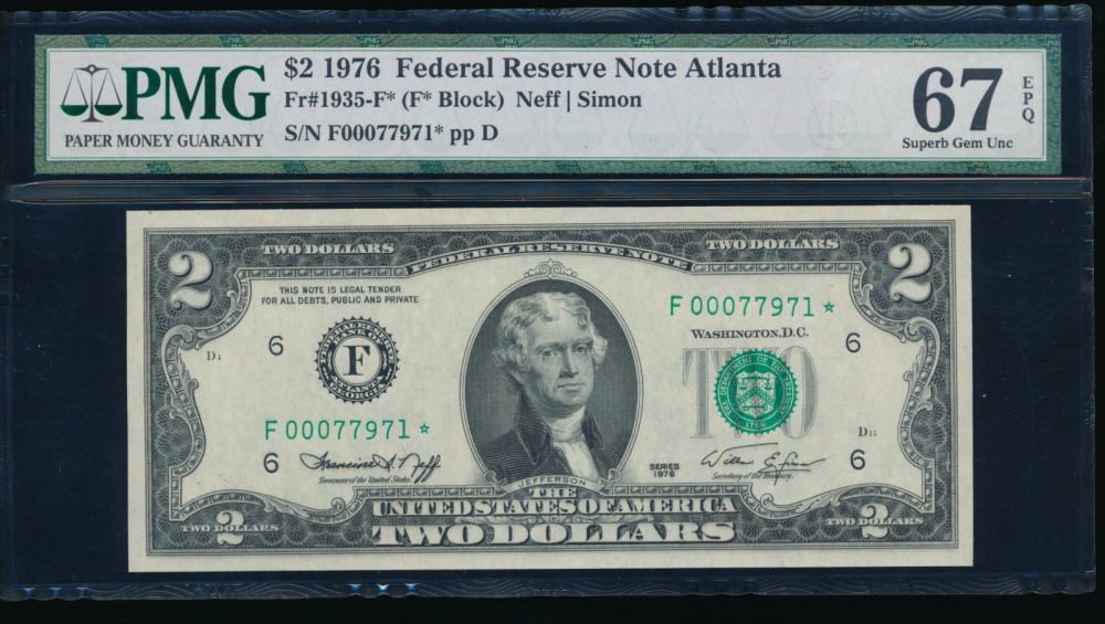 Fr. 1935-F 1976 $2  Federal Reserve Note Atlanta star PMG 67EPQ F00077971*