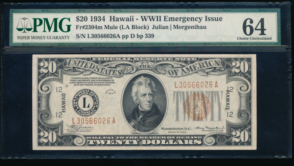 Fr. 2304 1934 $20  Hawaii mule PMG 64 L30566026A obverse
