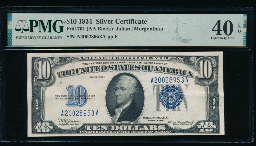 Fr. 1701 1934 $10  Silver Certificate AA block PMG 40EPQ A20028953A