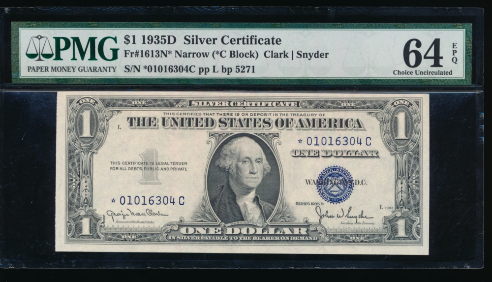 Fr. 1613 1935D $1  Silver Certificate narrow, *C block PMG 64EPQ *01016304C