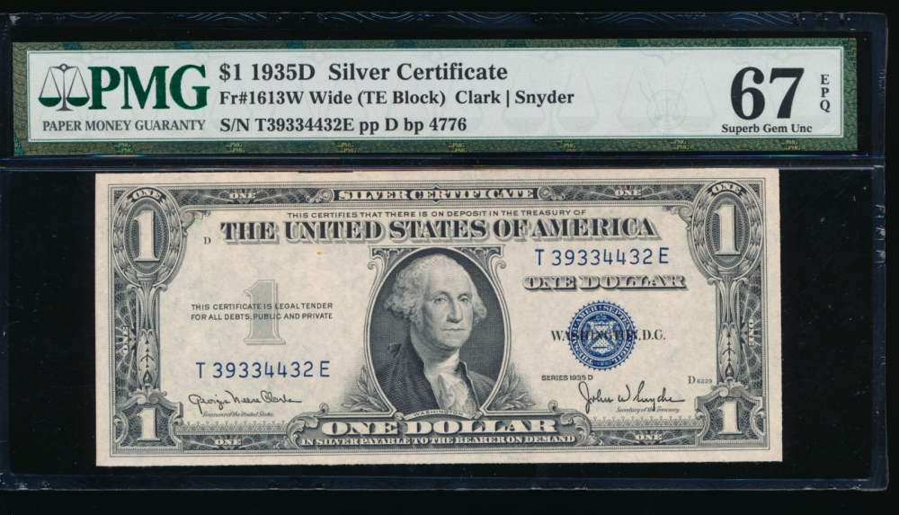 Fr. 1613 1935D $1  Silver Certificate Wide, TE block PMG 67EPQ T39334432E