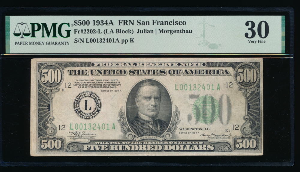 Fr. 2202-L 1934A $500  Federal Reserve Note San Francisco PMG 30 L00132401A obverse