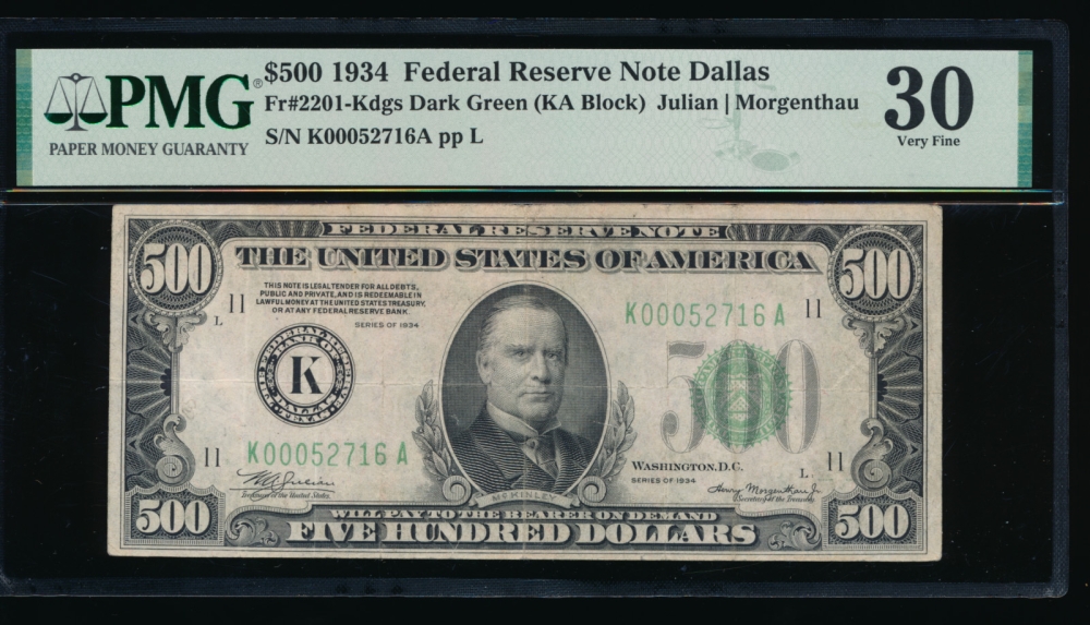 Fr. 2201-K 1934 $500  Federal Reserve Note Dallas PMG 30 K00052716A obverse