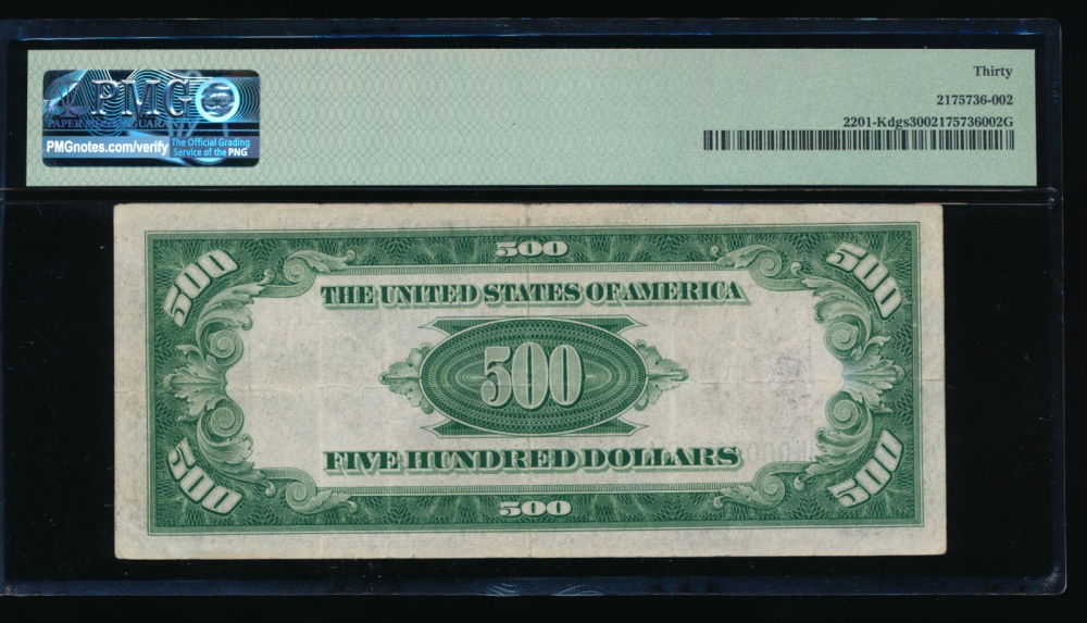Fr. 2201-K 1934 $500  Federal Reserve Note Dallas PMG 30 K00052716A reverse