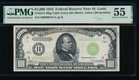 Fr. 2211-H 1934 $1,000  Federal Reserve Note Saint Louis LGS PMG 55 comment H00006521A