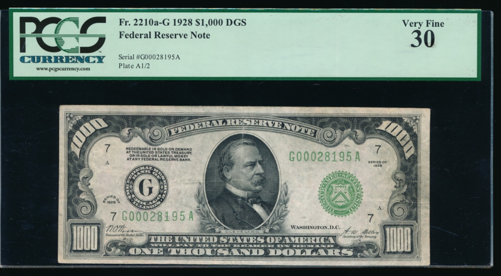 Fr. 2210-G 1928 $1,000  Federal Reserve Note Chicago PCGS-C 30 G00028195A