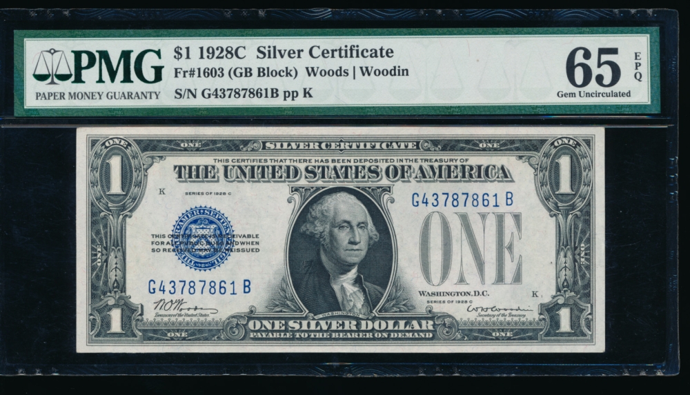 Fr. 1603 1928C $1  Silver Certificate GB block PMG 65EPQ G43787861B