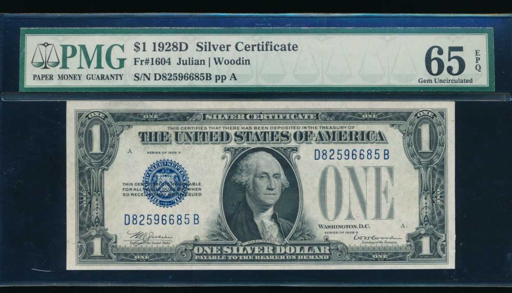 Fr. 1604 1928D $1  Silver Certificate  PMG 65EPQ D82596685B