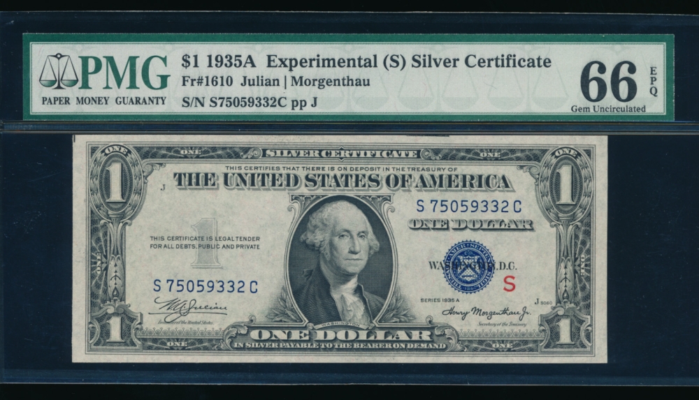 Fr. 1610 1935A $1  Silver Certificate S Experimental PMG 66EPQ S75059332C