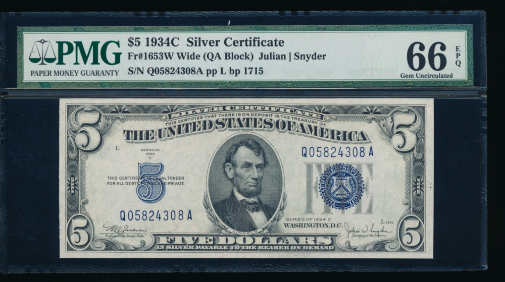 Fr. 1653 1934C $5  Silver Certificate Wide, QA block PMG 66EPQ Q05824308A