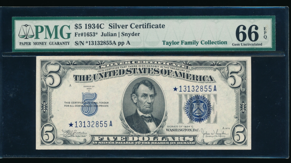Fr. 1653 1934C $5  Silver Certificate Wide, *A block PMG 66EPQ *13132855A