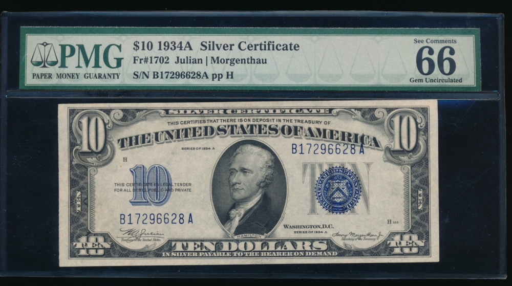 Fr. 1702 1934A $10  Silver Certificate  PMG 66EPQ B17296628A