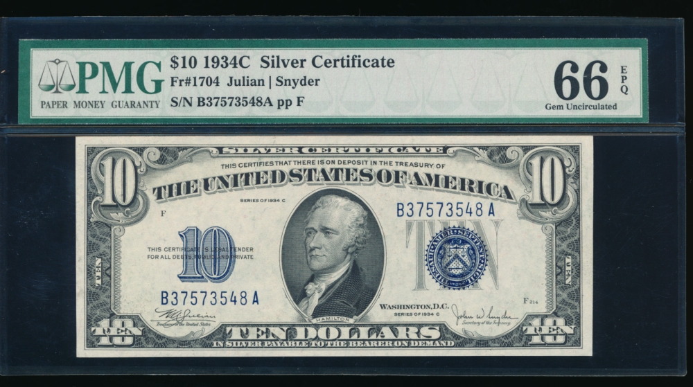 Fr. 1704 1934C $10  Silver Certificate  PMG 66EPQ B37573548A