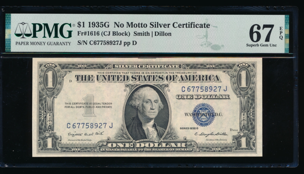 Fr. 1616 1935G $1  Silver Certificate CJ block PMG 67EPQ C67758927J