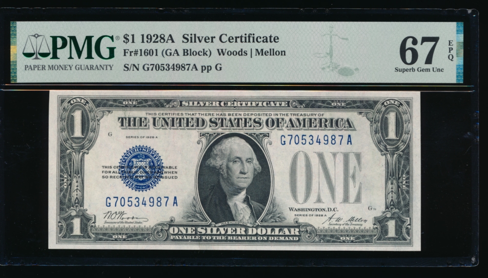 Fr. 1601 1928A $1  Silver Certificate GA block PMG 67EPQ G70534987A