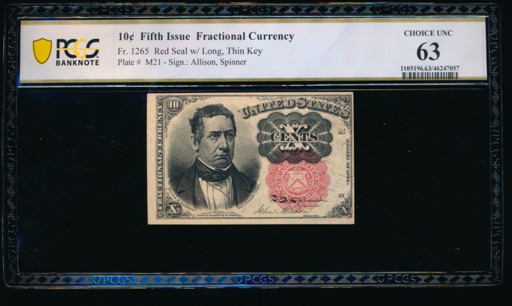 Fr. 1265  $0.10  Fractional Fifth Issue: Long, Thin Key PCGS 63 no serial number