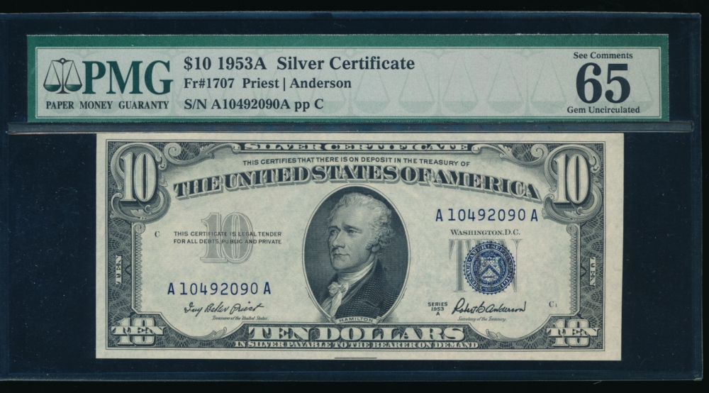 Fr. 1707 1953A $10  Silver Certificate AA block PMG 65EPQ A10492090A