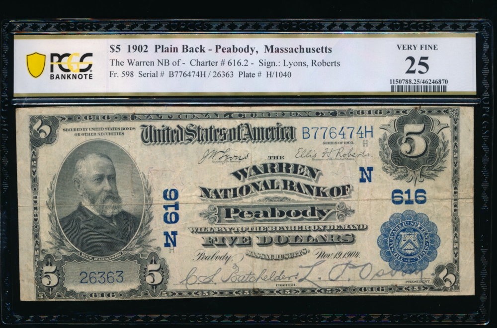 Fr. 598 1902 $5  National: Plain Back Ch #616 The Warren National Bank of Peabody, Massachusetts PCGS 25 26363