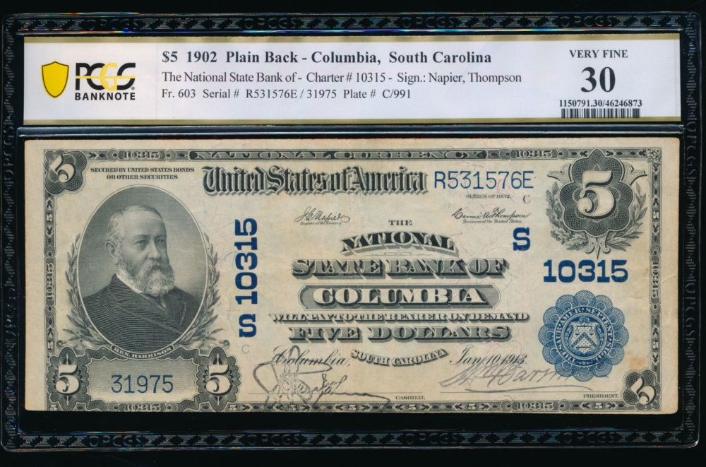 Fr. 603 1902 $5  National: Plain Back Ch #10315 The National State Bank of Columbia, South Carolina PCGS 30 31975