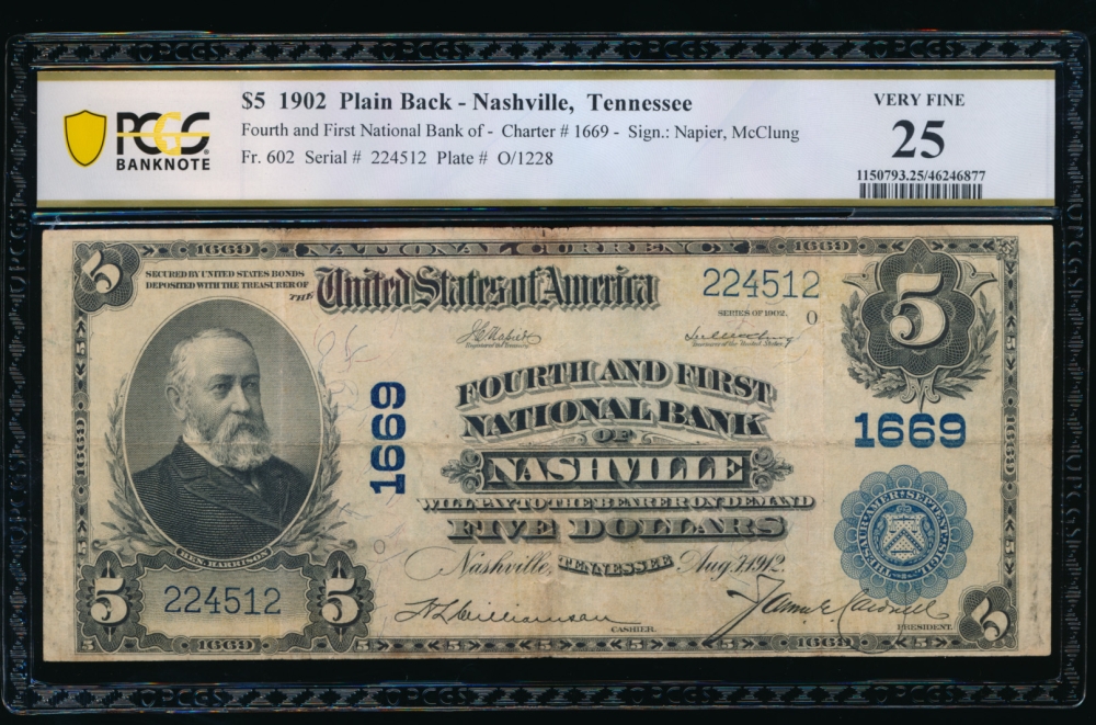 Fr. 602 1902 $5  National: Plain Back Ch #1669 Fourth and First National Bank of Nashville, Tennessee PCGS 25 comment 224512