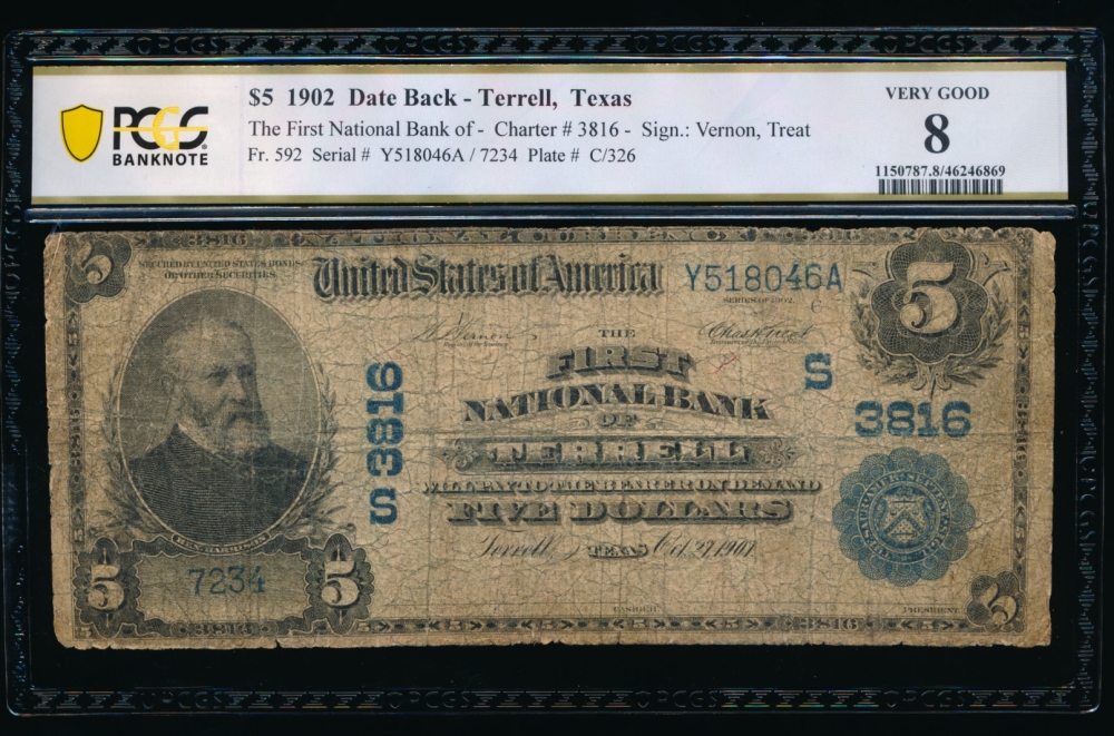 Fr. 592 1902 $5  National: Date Back Ch #3816 The First National Bank of Terrell, Texas PCGS 8 7234