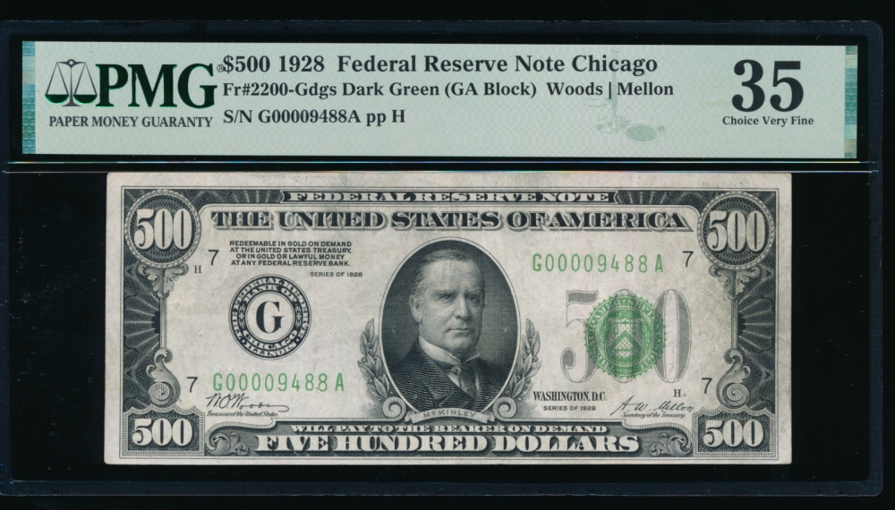 Fr. 2200-G 1928 $500  Federal Reserve Note Chicago PMG 35 comment G00009488A