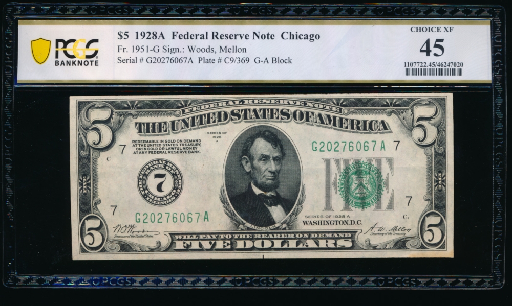 Fr. 1951-G 1928A $5  Federal Reserve Note Chicago PCGS 45 G20276067A