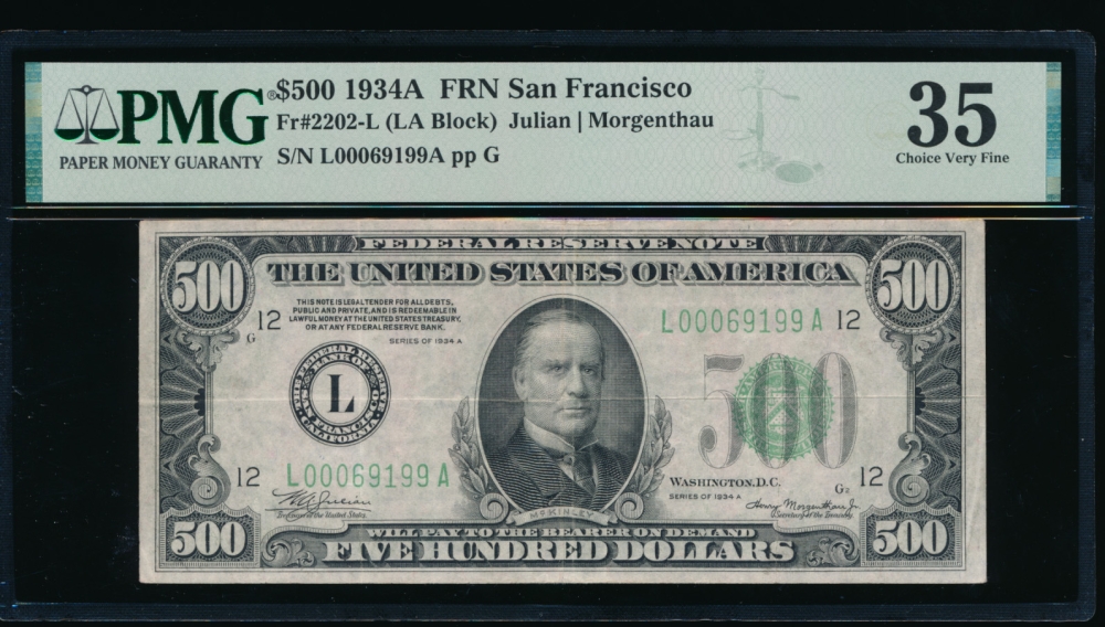 Fr. 2202-L 1934A $500  Federal Reserve Note San Francisco PMG 35 L00069199A