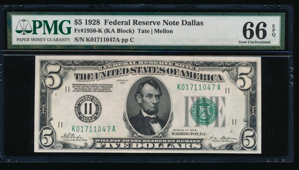 Fr. 1950-K 1928 $5  Federal Reserve Note Dallas PMG 66EPQ K01711047A