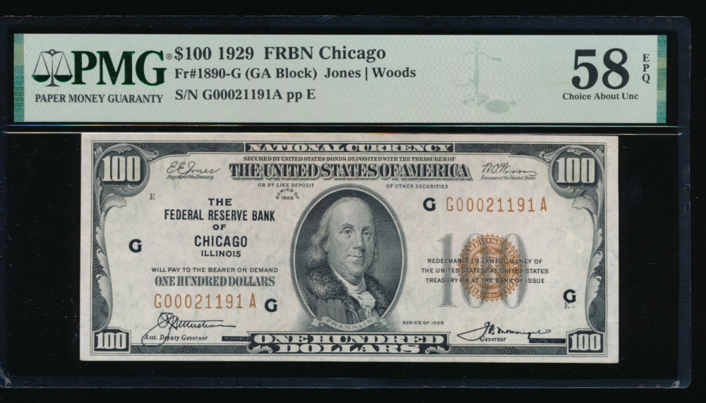 Fr. 1890-G 1929 100 FRBN Chicago PMG 58EPQ G00021191A