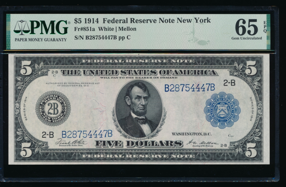 Fr. 851a 1914 5 Federal Reserve Note New York PMG 65EPQ B28754447B