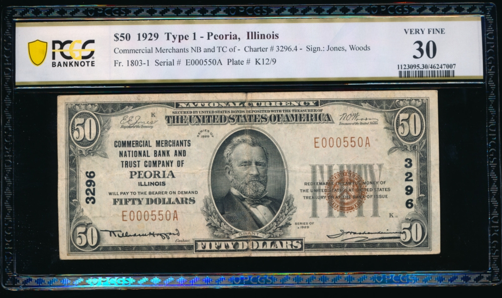 Fr. 1803-1 1929 $50  National: Type I Ch #3296 Commercial Merchants National Bank and Trust Company of Peoria, Illinois PCGS 30 E000550A