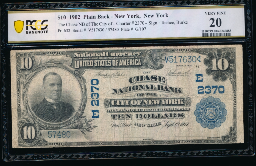 Fr. 632 1902 $10  National: Plain Back Ch #2370 The Chase National Bank of the City of New York, New York PCGS 20 comment 57480