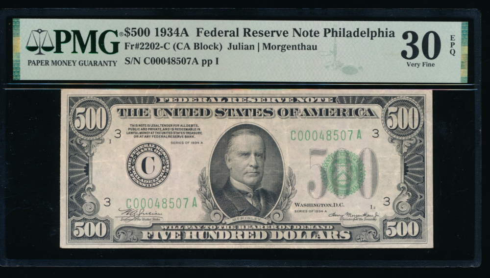 Fr. 2202-C 1934A $500  Federal Reserve Note Philadelphia PMG 30EPQ C00048507A