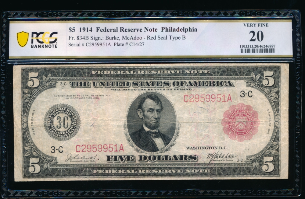 Fr. 834b 1914 $5  Federal Reserve Note Philadelphia red seal PCGS 20 C2959951A