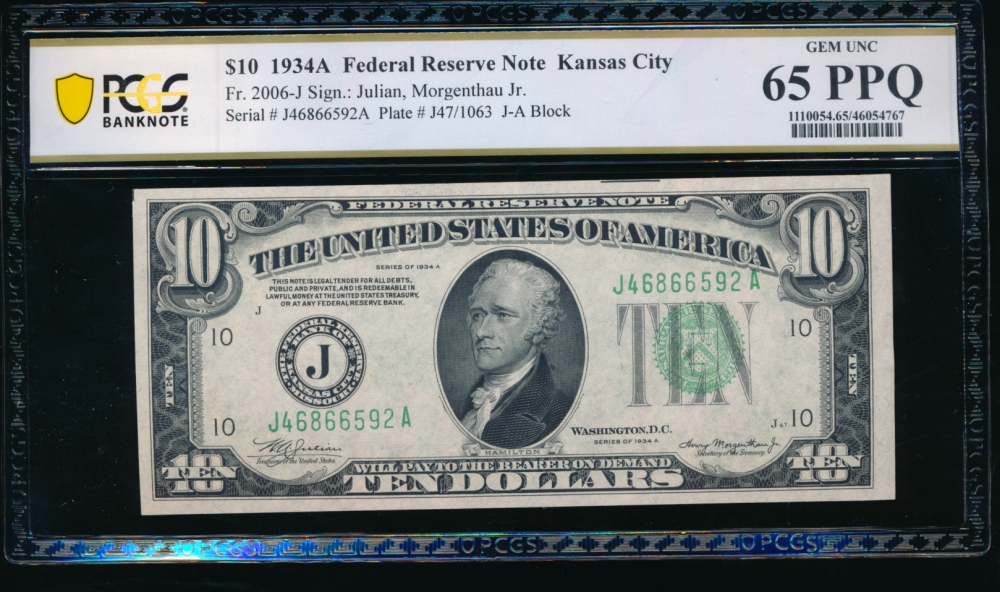 Fr. 2006-J 1934A $10  Federal Reserve Note Kansas City PCGS 65PPQ J46866592A