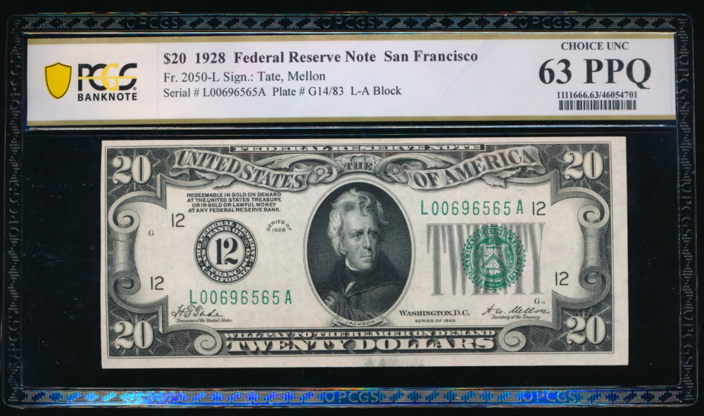 Fr. 2050-L 1928 $20  Federal Reserve Note San Francisco PCGS 63PPQ L00696565A