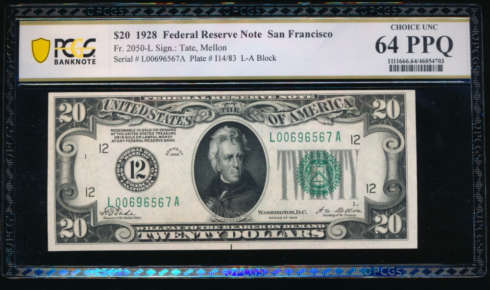 Fr. 2050-L 1928 $20  Federal Reserve Note San Francisco PCGS 64PPQ L00696567A