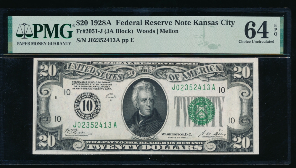 Fr. 2051-J 1928A $20  Federal Reserve Note Kansas City PMG 64EPQ J02352413A