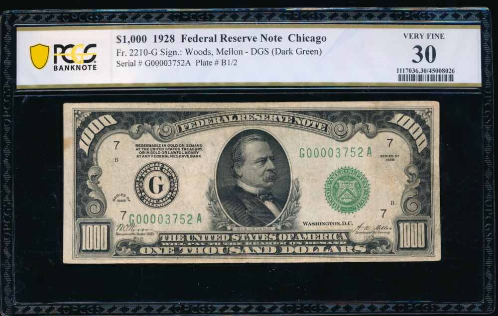 Fr. 2210-G 1928 $1,000  Federal Reserve Note Chicago PCGS 30 G00003752A