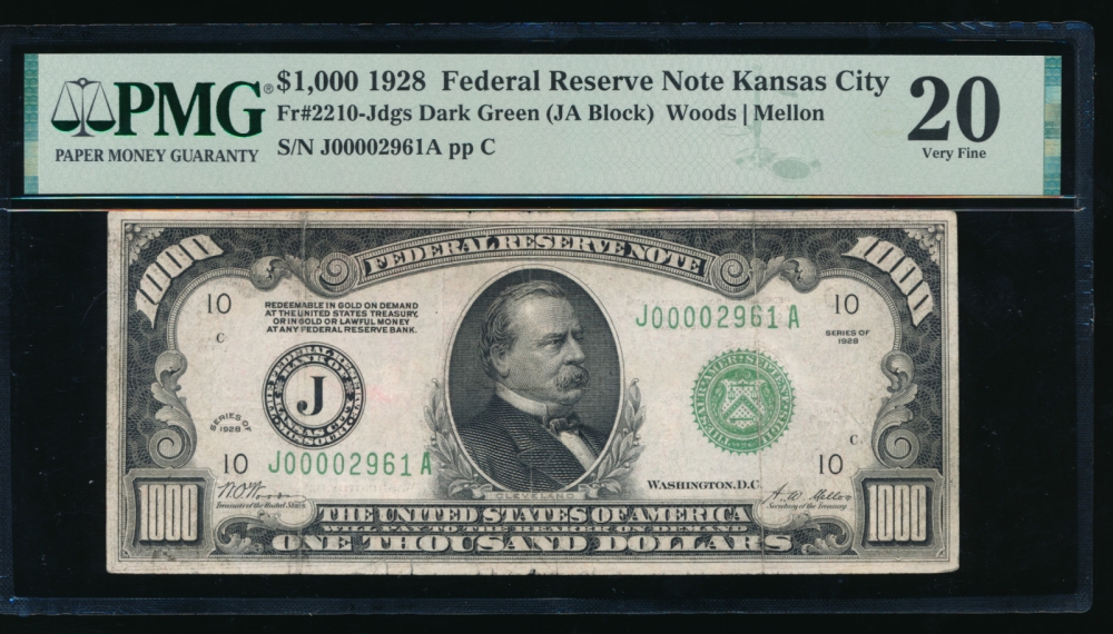 Fr. 2210-J 1928 $1,000  Federal Reserve Note Kansas City PMG 20 J00002961A