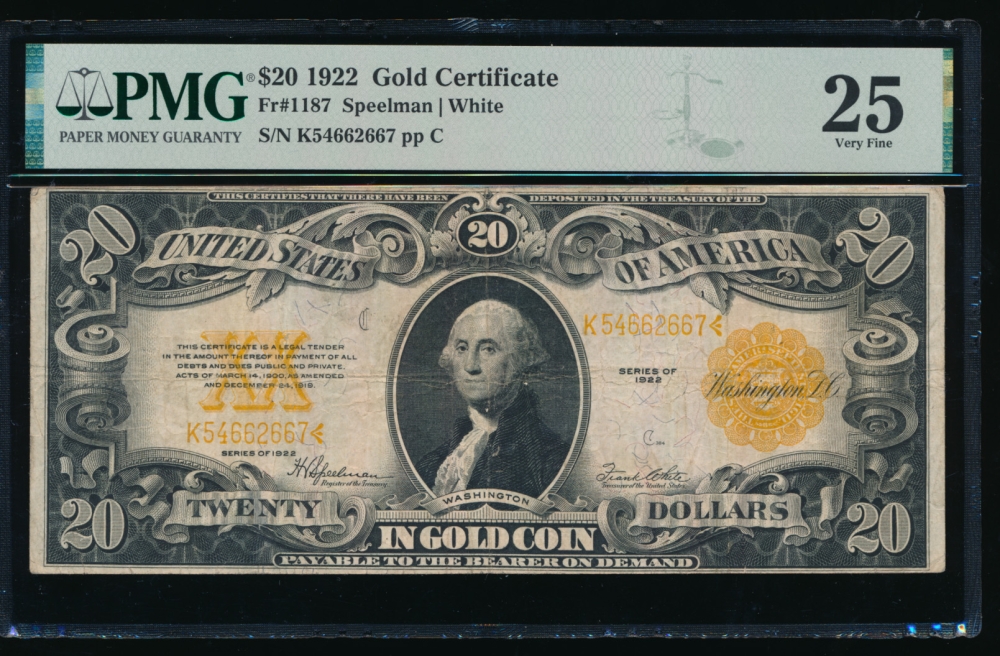 Fr. 1187 1922 $20  Gold Certificate  PMG 25 K54662667