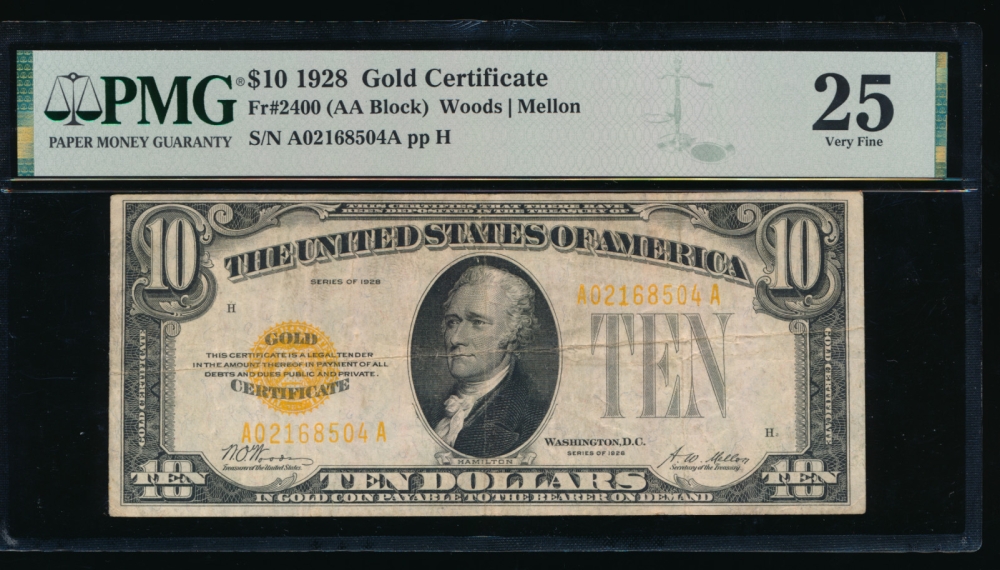 Fr. 2400 1928 $10  Gold Certificate AA block PMG 25 A02168504A