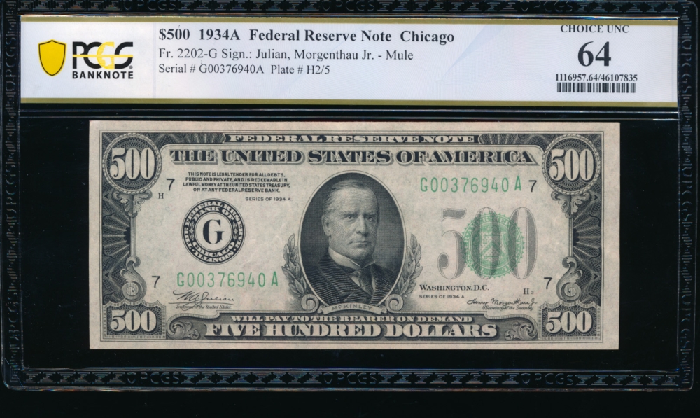 Fr. 2202-G 1934A $500  Federal Reserve Note Chicago PCGS 64 G00376940A obverse