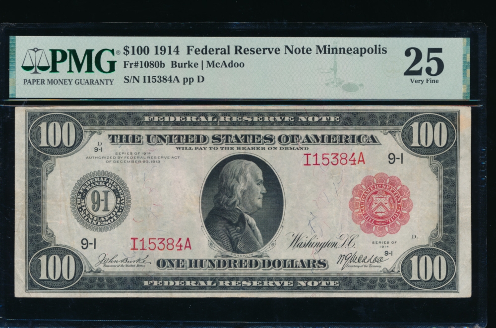Fr. 1080b 1914 $100  Federal Reserve Note Minneapolis red seal PMG 25 I15384A