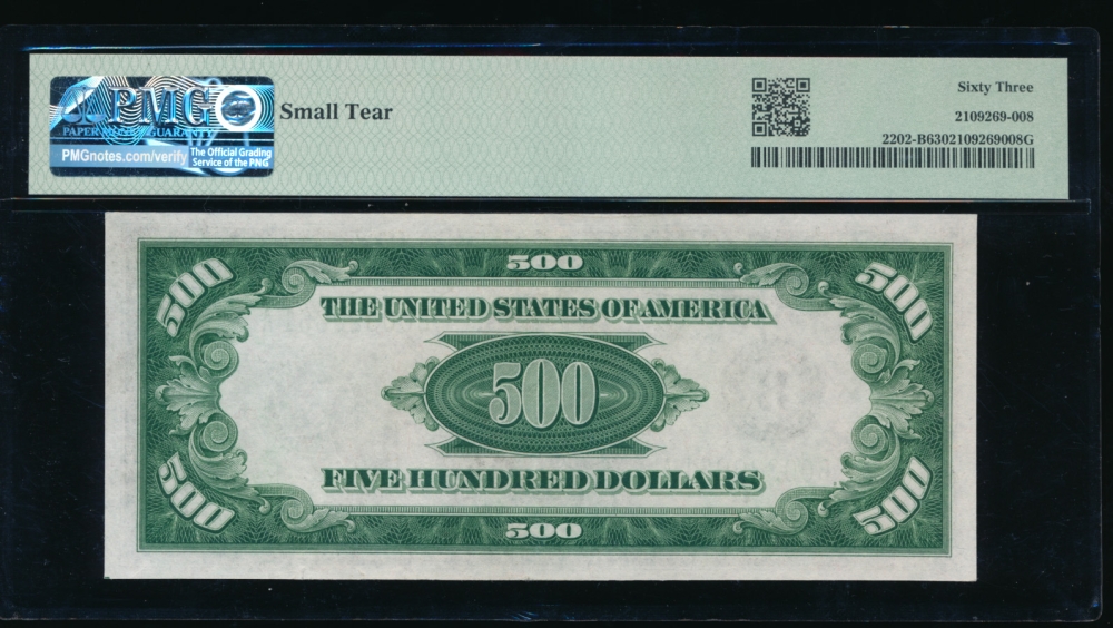 Fr. 2202-B 1934A $500  Federal Reserve Note New York PMG 63 comment B00320061A reverse