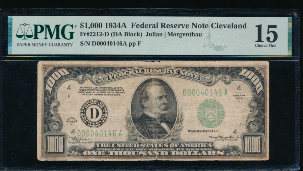 Fr. 2212-D 1934A $1,000  Federal Reserve Note Cleveland PMG 15 comment D00040146A obverse