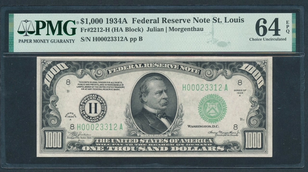 Fr. 2212-H 1934A $1,000  Federal Reserve Note Saint Louis PMG 64EPQ H00023312A