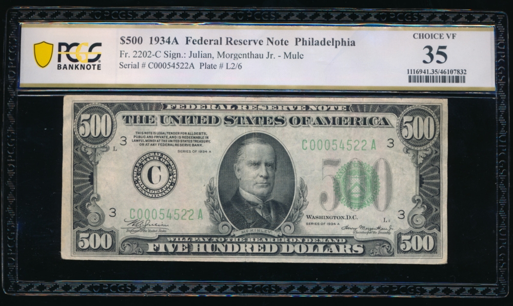 Fr. 2202-C 1934A $500  Federal Reserve Note Philadelphia PCGS 35 C00054522A