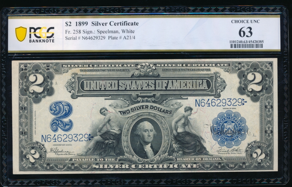Fr. 258 1899 $2  Silver Certificate  PCGS 63 N64629329